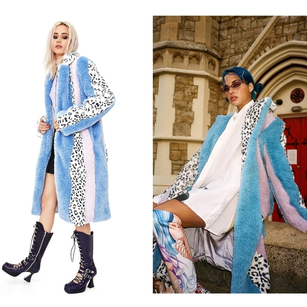 Dolls Kill No Dress Snow Leopard Patchwork Faux Fur Sherpa Long Coat